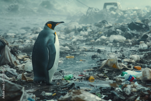Dirty penguin stands among garbage and plastic trash. Environmental pollution  toxic emissions into water  oil pollution