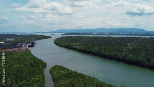 Aerial view of Bird Island or pulau burng which is full of mangrove forests and surrounded by beautiful sea water photo