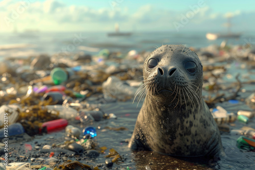 Dirty seal stands among garbage and plastic trash. Environmental pollution, toxic emissions into water, oil pollution