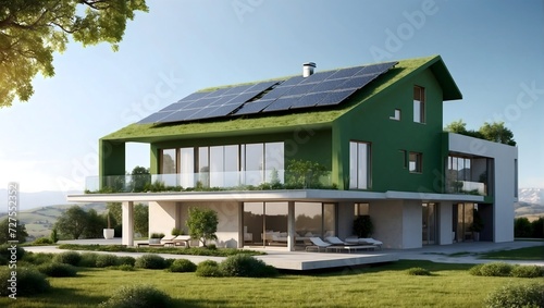 Sustainable Haven: Green House Featuring Solar Panels, A Modern Eco-Friendly Residence © Asayamrad