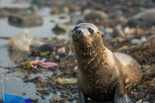 Dirty seal stands among garbage and plastic trash. Environmental pollution, toxic emissions into water, oil pollution