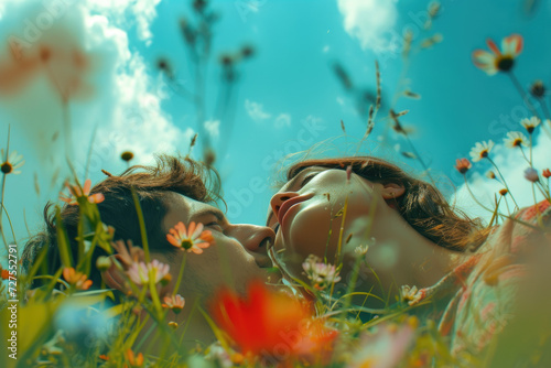 a couple lying on flower meadow © Kien