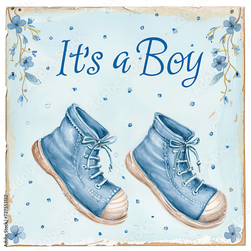Its a Boy, text  with blue shoes and blue flowers.Over Blue background. 