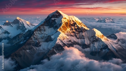 view of Mount Everest, with its snow-capped peak reaching towards the sky