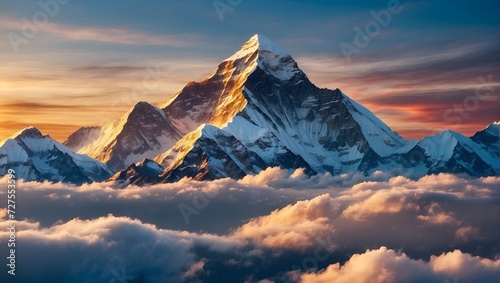 view of Mount Everest, with its snow-capped peak reaching towards the sky photo