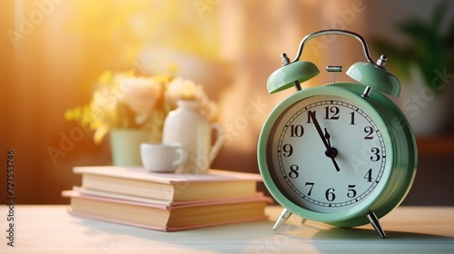 Alarm clock with books on table. Back to school background
