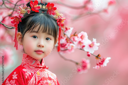 portrait of Chinese kids in red traditional costume, cherry blossom background