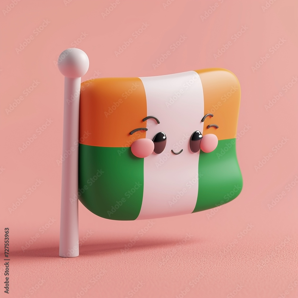 Fototapeta premium A miniature flag of Ireland with a smiling face, soft pastel colors, 3d icon clay render.