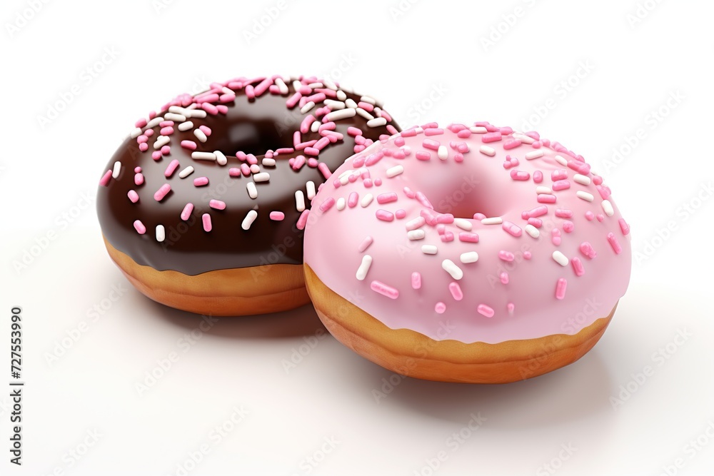 Double delicious donuts with strawberry and chocolate glaze isolated on white background. Double delicious donuts with strawberry and chocolate glaze isolated on white background.