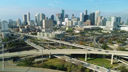 Push out  Aerial Shot of the city of Houston. Cityscape of Houston Downtown, Skyline with Interstate Texas Freeway 69 (I69), 56, 45, Aerial Drone Shot photo