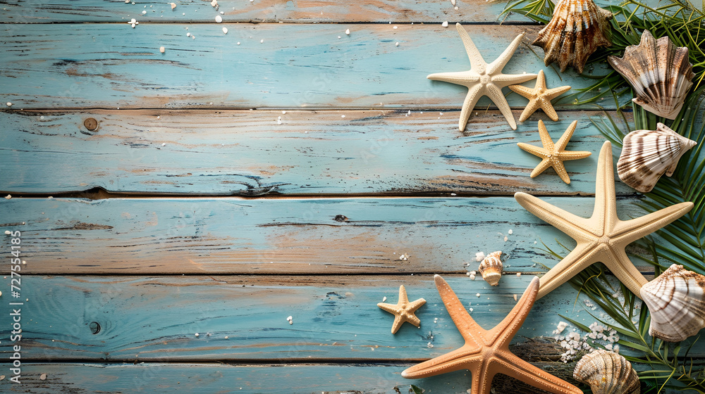 Fototapeta premium sea background, seashells on blue wooden boards with space for text