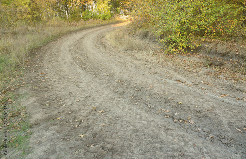Autumn landscape with a curved road, on which traces of the tread of large wheels of agricultural machinery are visible