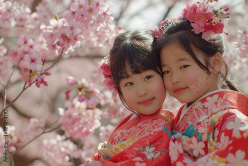 portrait of Chinese kids in traditional costume, cherry blossom background
