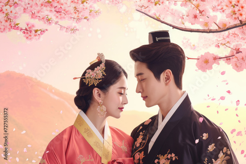 portrait of Korean couple in traditional costume, cherry blossom background