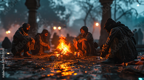 Homeless people sit around a fire on a cold morning at Cashmere Gate, New Delhi, India. photo
