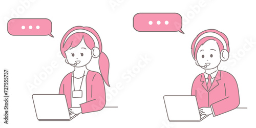2人の男女のオペレーターが パソコンを見ながらインカムで話しているイラスト