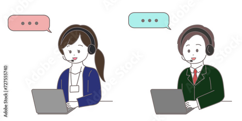 2人の男女のオペレーターが パソコンを見ながらインカムで話しているイラスト