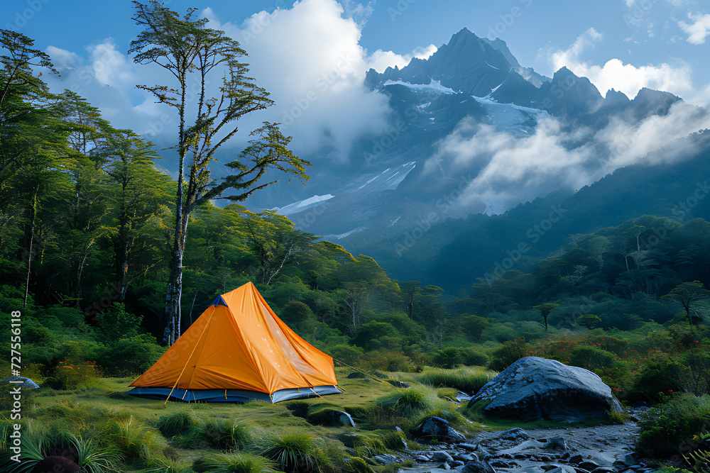 A yellow tent that blends with the surrounding green plants with a mountain background. Camping, hiking.