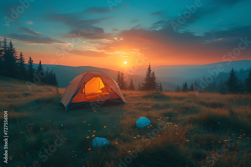 A yellow tent that blends with the surrounding green plants with a mountain background. Camping, hiking.