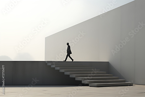 A man walks steadily and straightly, against a plain background. photo