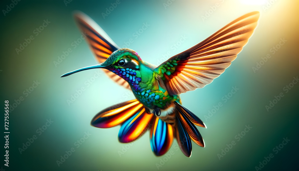 a hummingbird in mid-flight, showcasing its iridescent plumage and frozen wing movement against a blurred background with light