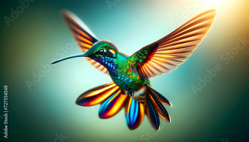 a hummingbird in mid-flight, showcasing its iridescent plumage and frozen wing movement against a blurred background with light © Tanicsean