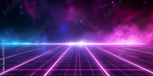 Futuristic background with a glowing grid in the outer space . backdrop with blue perspective grid and sky full of stars. Synthwave background.