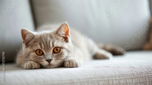 A young cute cat is resting on the sofa. Space for your text.