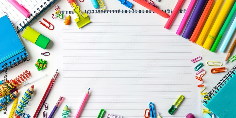 Flat lay composition with school supplies on white background. Frame of colorful stationery. Back top school concept. Top view, Flat lay composition with school supplies on white background. Frame of colorful stationery. Back top school concept. Top view,