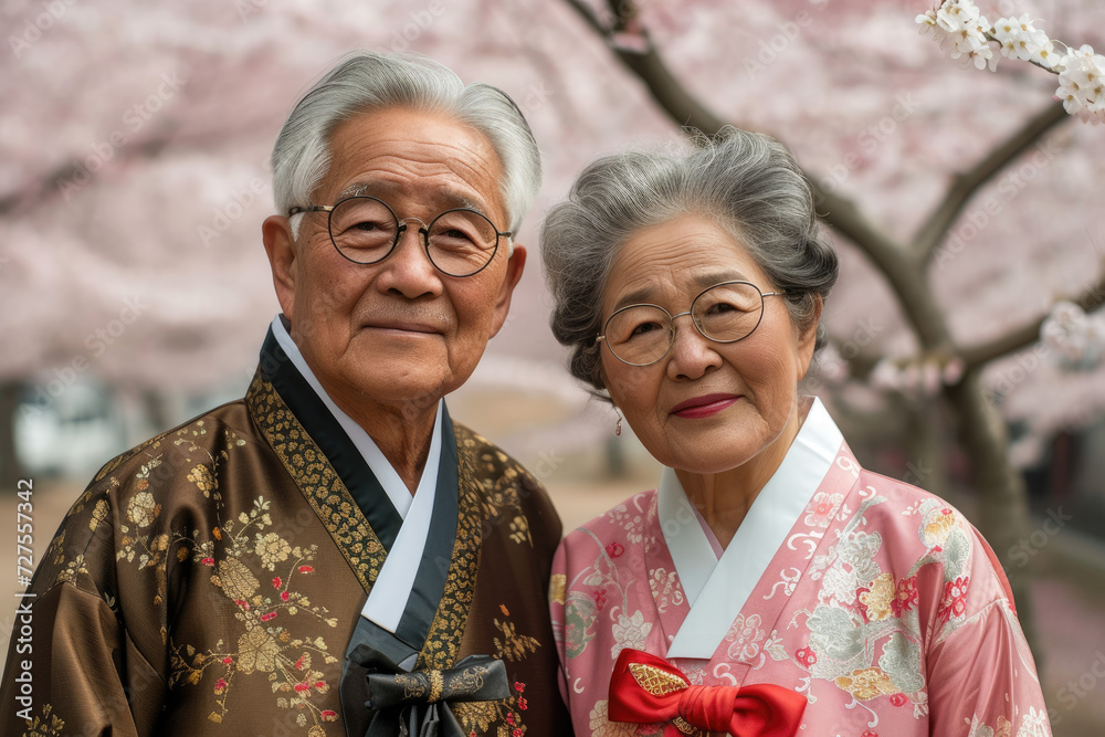 portrait of Korean senior couple in traditional costume, cherry blossom background