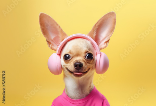 Funny Chuhuahua Dog in a pink T -shirt and pink headphones stuck out his tongue and listens to music, the dog on a yellow background in headphones. © ulkas