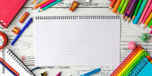 Flat lay composition with school supplies on white background. Frame of colorful stationery. Back top school concept. Top view,