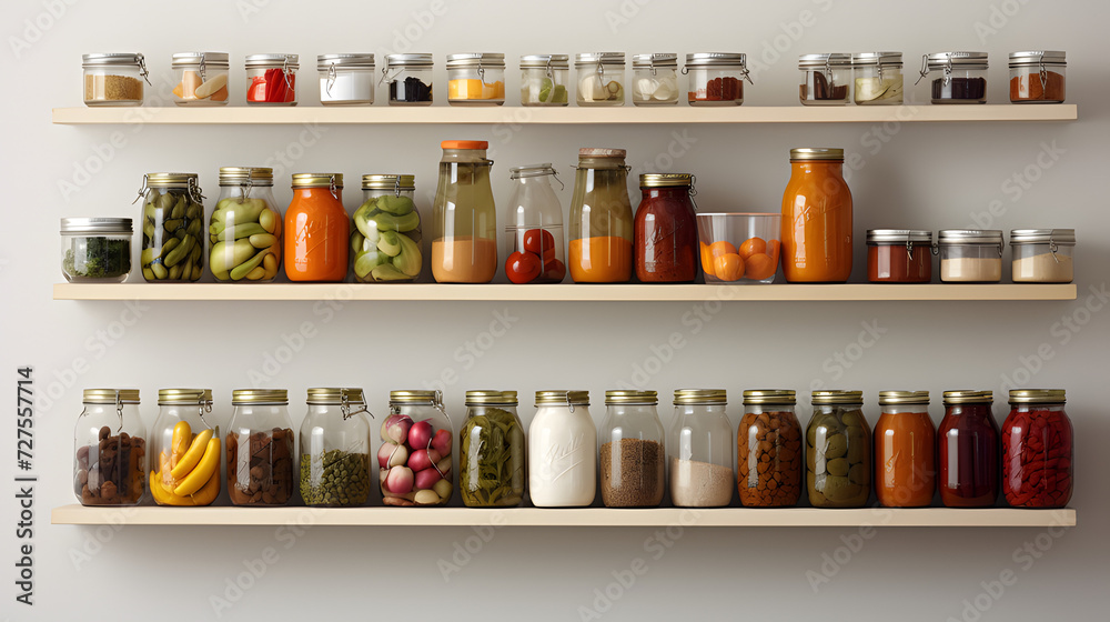 Various jars on wooden shelves. Various jars on wooden shelves.