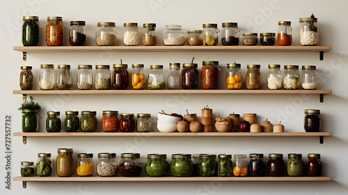 Various jars on wooden shelves.