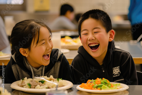 Two students are happily eating lunch at school