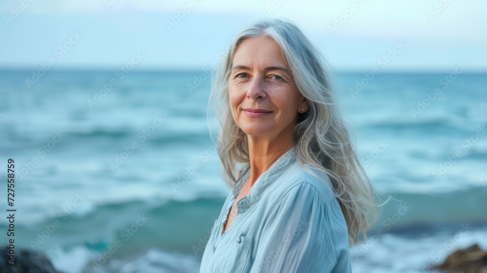 Beautiful long-haired middle-aged woman on the sea coast. Active life concept for middle aged people Beautiful long-haired middle-aged woman on the sea coast. Active life concept for middle aged people
