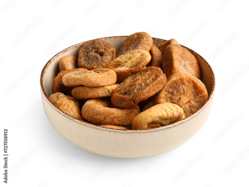 Fototapeta premium Bowl with sweet dried figs on white background