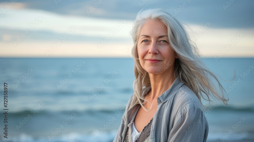 Beautiful long-haired middle-aged woman on the sea coast. Active life concept for middle aged people Beautiful long-haired middle-aged woman on the sea coast. Active life concept for middle aged people