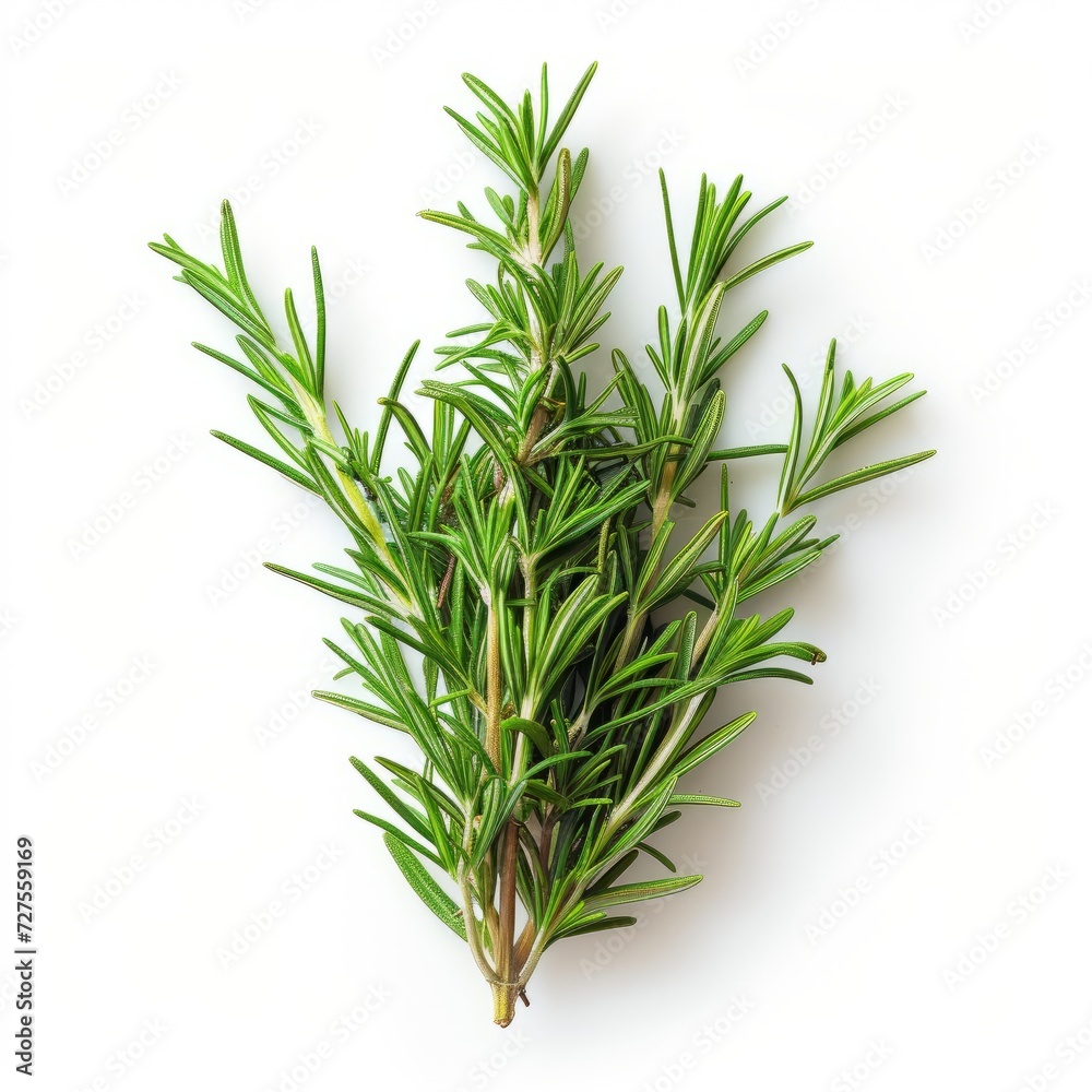 White background decorated with rosemary branches This image captures the simplicity and elegance of herbs. It reveals intricate foliage against a clean, neutral backdrop.