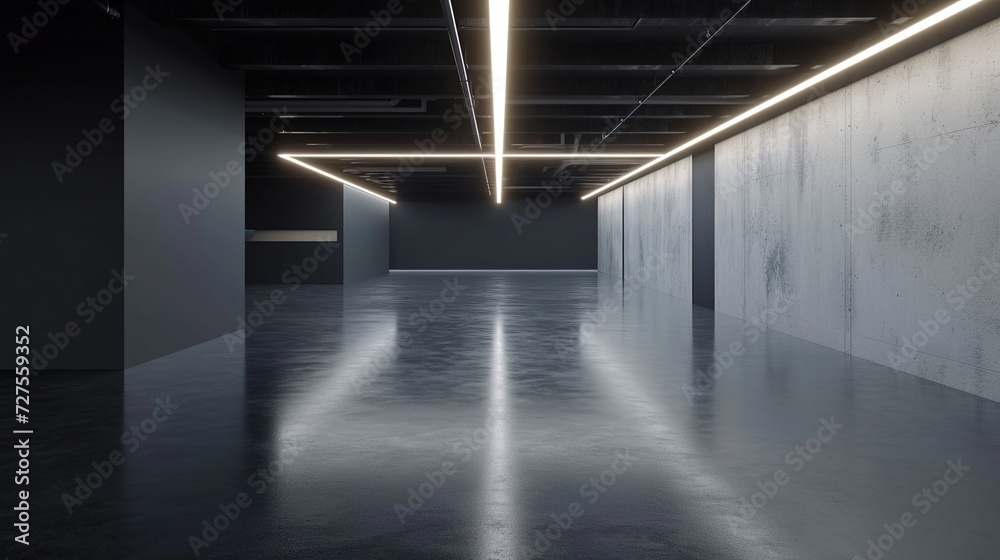 Empty hall with led lights on top, gray walls and glossy concrete floor. Industrial and factory design concept.
