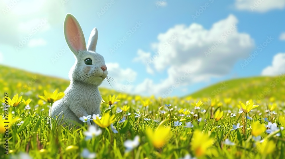 Fototapeta premium 3d cartoon a happy bunny sitting in a field of flowers. Copy space for text.