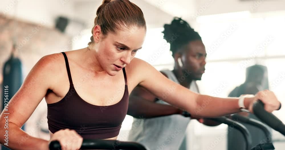 Exercise, cardio and woman on machine in gym for intense workout, training and fitness for healthy body. Sports, sweating and people on cycling equipment for performance, endurance and wellness Exercise, cardio and woman on machine in gym for intense workout, training and fitness for healthy body. Sports, sweating and people on cycling equipment for performance, endurance and wellness