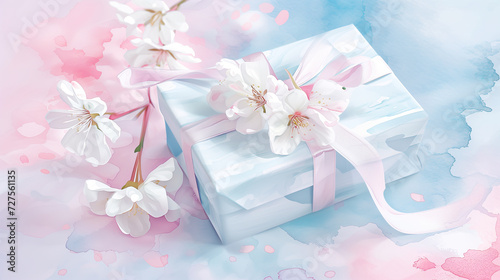 Spring gift box with white flowers and pastel ribbon, illustration © pijav4uk