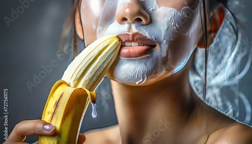 白い顔パックをしたままバナナを食べようとする女性 photo