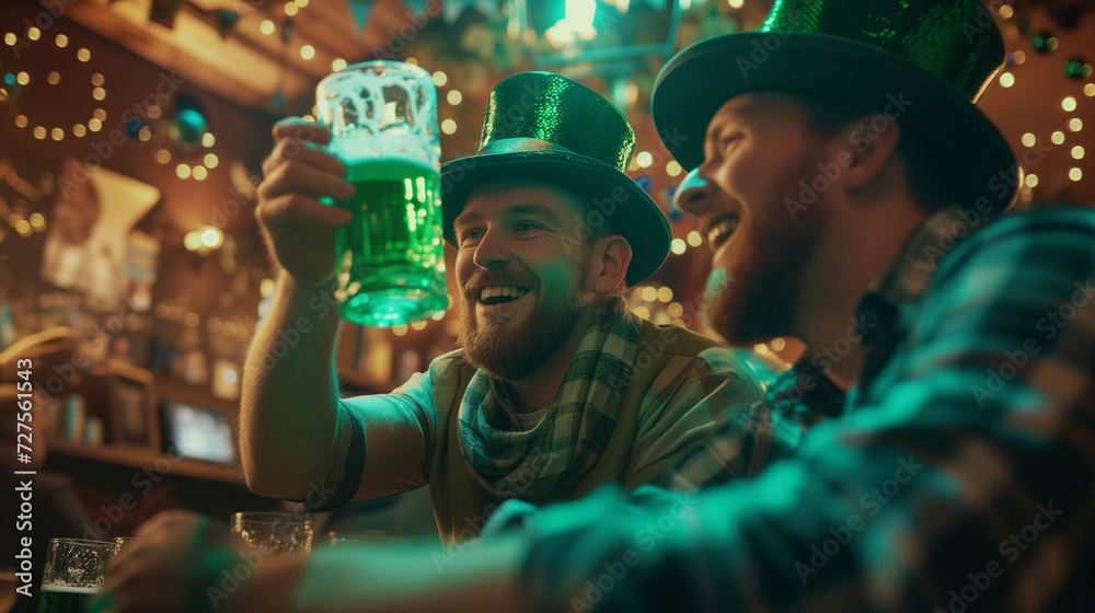 Obraz premium Happy adult men celebrating saint patricks day at an irish beer pub