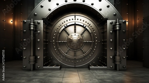 Front view of light silver bank vault door, closed. 3D illustration