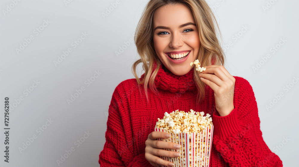 Cheerful young woman in red sweater enjoying popcorn from cinema box