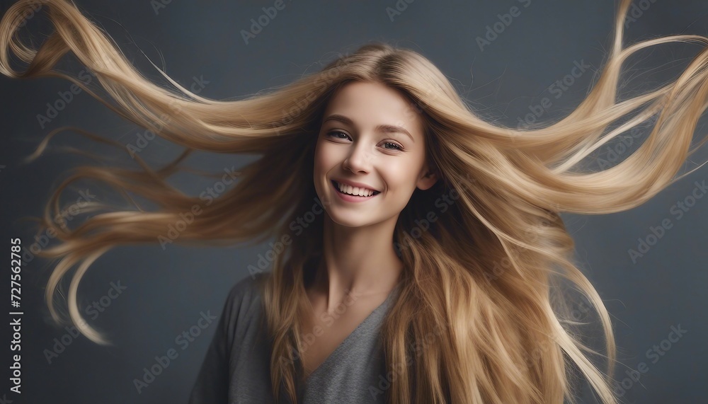 Fototapeta premium A Playful Girl with Rapunzel-Like Hair in Mid-Air