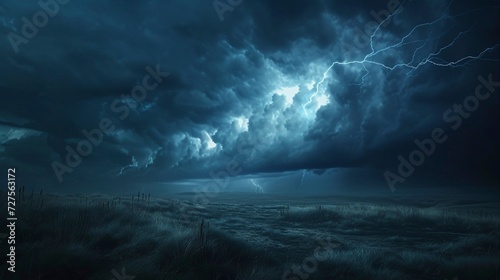 Poderosa tormenta con relámpagos atravesando el cielo nocturno sobre un campo desolado y ventoso