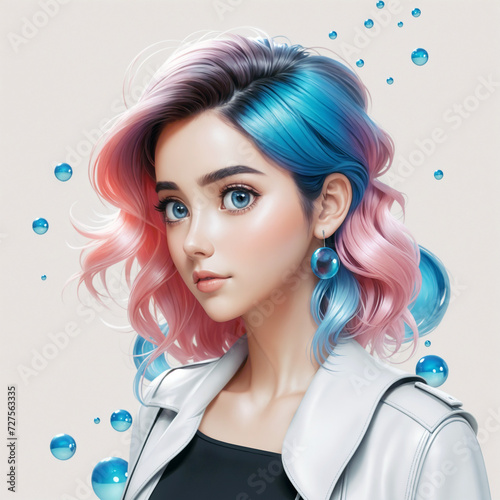Portrait of a girl with pink-blue hair. Tender young woman with big eyes. Cartoon or game character. Cartoon style.